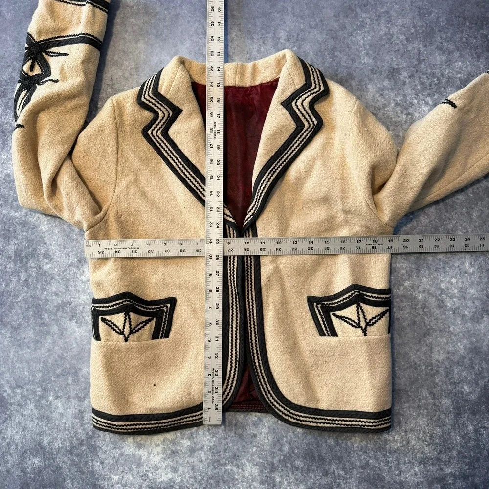 Vintage Soutache Embroidered Wool Jacket Beige Black Western Boho Cropped Blazer - Picture 4 of 9